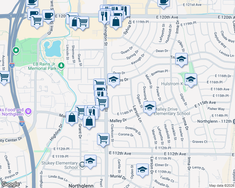 map of restaurants, bars, coffee shops, grocery stores, and more near 827 East 115th Avenue in Northglenn