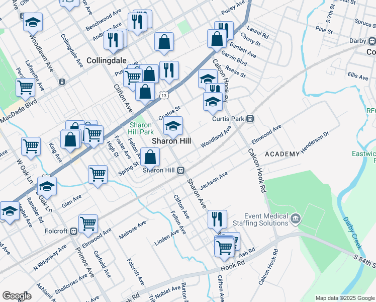 map of restaurants, bars, coffee shops, grocery stores, and more near 1018 Woodland Avenue in Sharon Hill