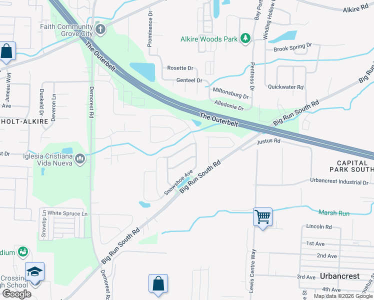 map of restaurants, bars, coffee shops, grocery stores, and more near 3837 Wolf Creek Road in Grove City