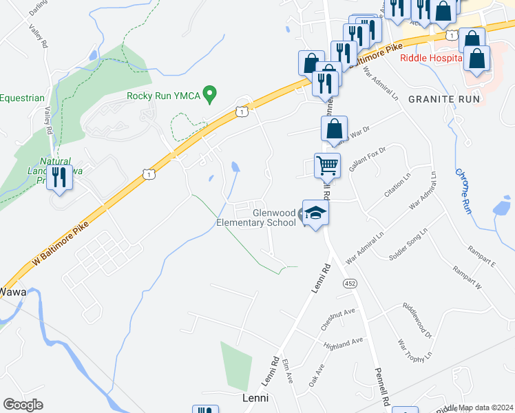 map of restaurants, bars, coffee shops, grocery stores, and more near 1318 West Baltimore Pike in Media