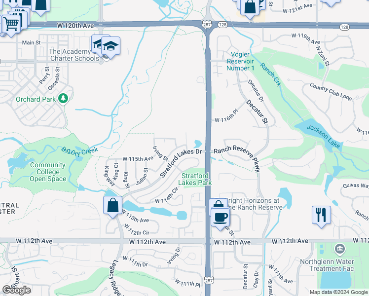 map of restaurants, bars, coffee shops, grocery stores, and more near 3120 West 115th Place in Westminster