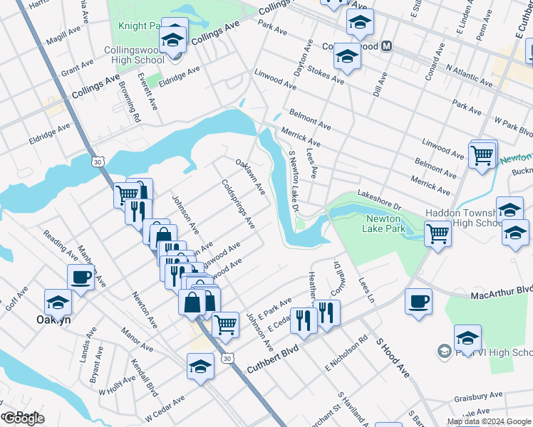map of restaurants, bars, coffee shops, grocery stores, and more near 212 East Clinton Avenue in Oaklyn
