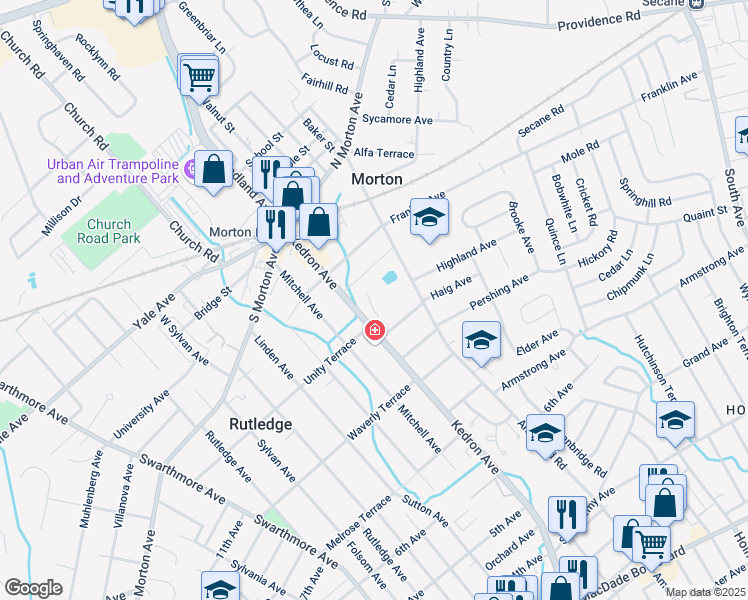map of restaurants, bars, coffee shops, grocery stores, and more near 22 Faraday Court in Morton