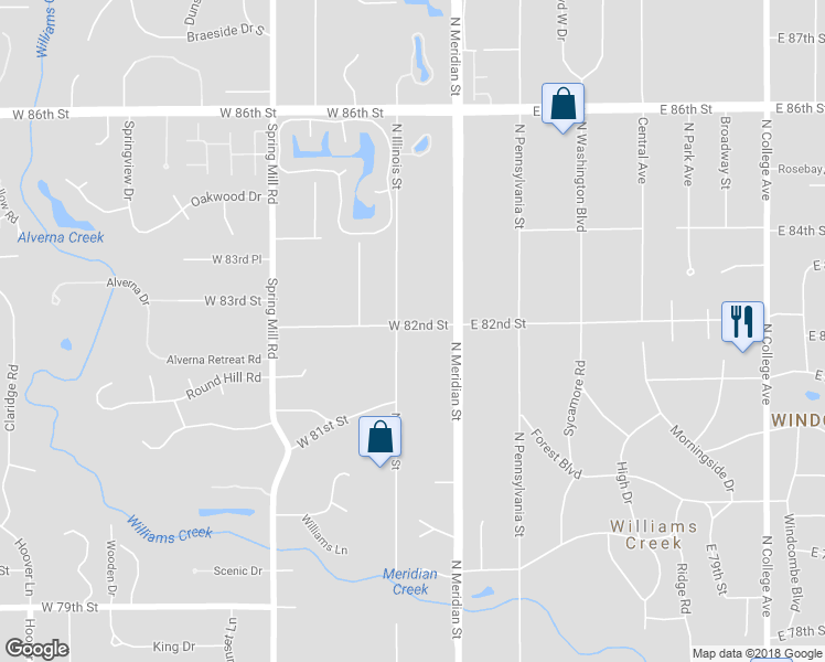 map of restaurants, bars, coffee shops, grocery stores, and more near 75 West 82nd Street in Indianapolis