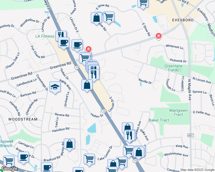 map of restaurants, bars, coffee shops, grocery stores, and more near 5003 Red Haven Drive in Evesham