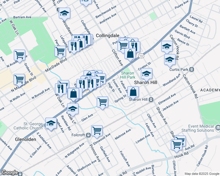 map of restaurants, bars, coffee shops, grocery stores, and more near 126 High Street in Sharon Hill