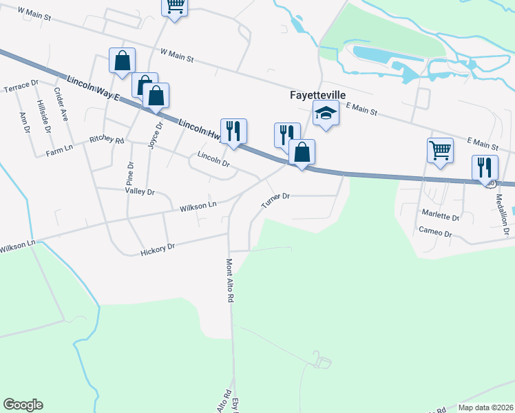 map of restaurants, bars, coffee shops, grocery stores, and more near 31 Turner Drive in Fayetteville