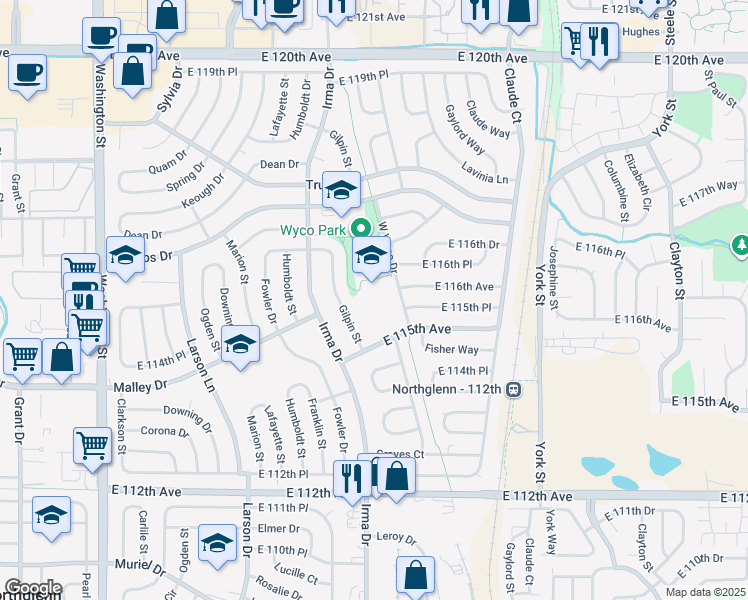 map of restaurants, bars, coffee shops, grocery stores, and more near 11551 Wyco Drive in Northglenn