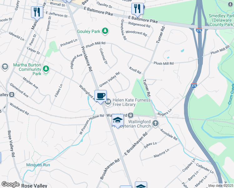map of restaurants, bars, coffee shops, grocery stores, and more near 104 Blackthorn Road in Nether Providence Township