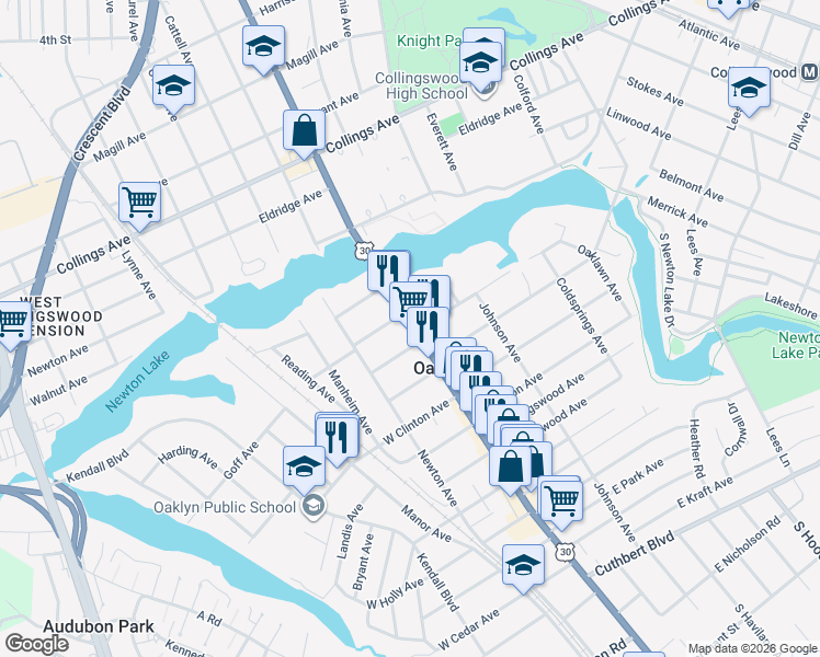 map of restaurants, bars, coffee shops, grocery stores, and more near 11 East Beechwood Avenue in Oaklyn