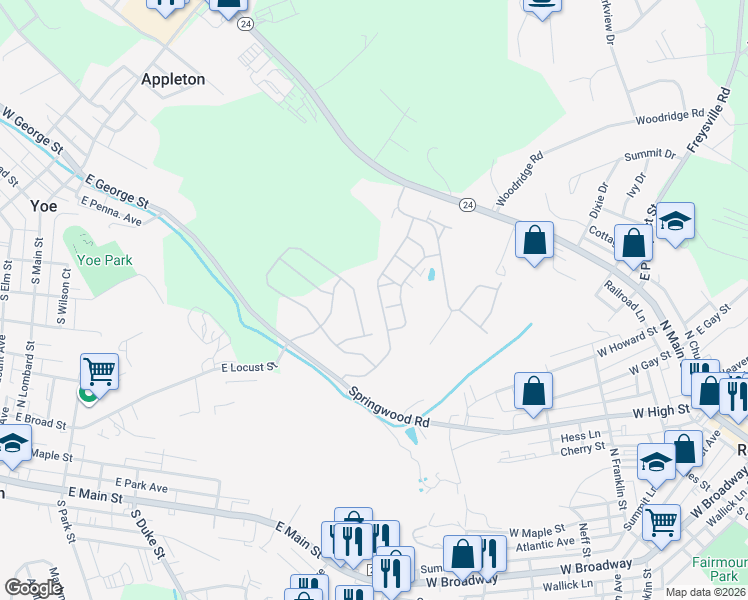 map of restaurants, bars, coffee shops, grocery stores, and more near 224 Furlong Way in Red Lion