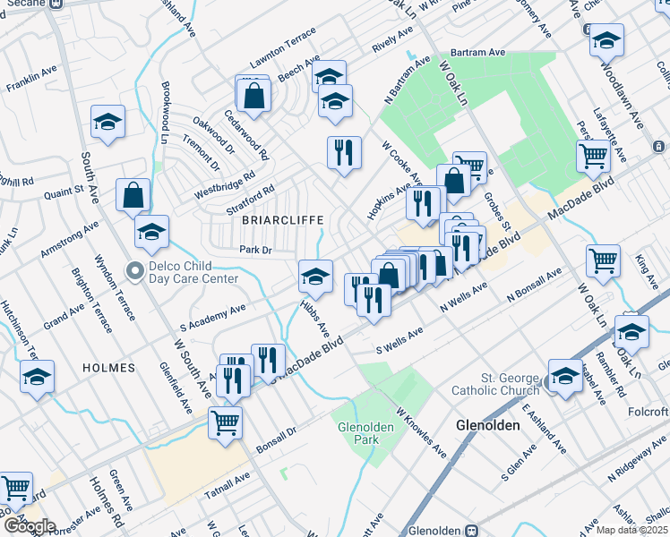 map of restaurants, bars, coffee shops, grocery stores, and more near 641 Ashby Avenue in Glenolden