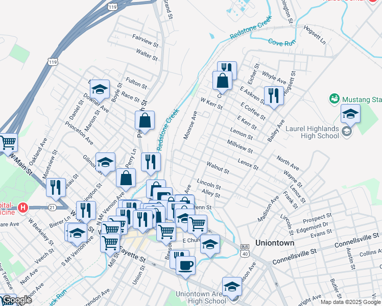 map of restaurants, bars, coffee shops, grocery stores, and more near 53 West Walnut Street in Uniontown