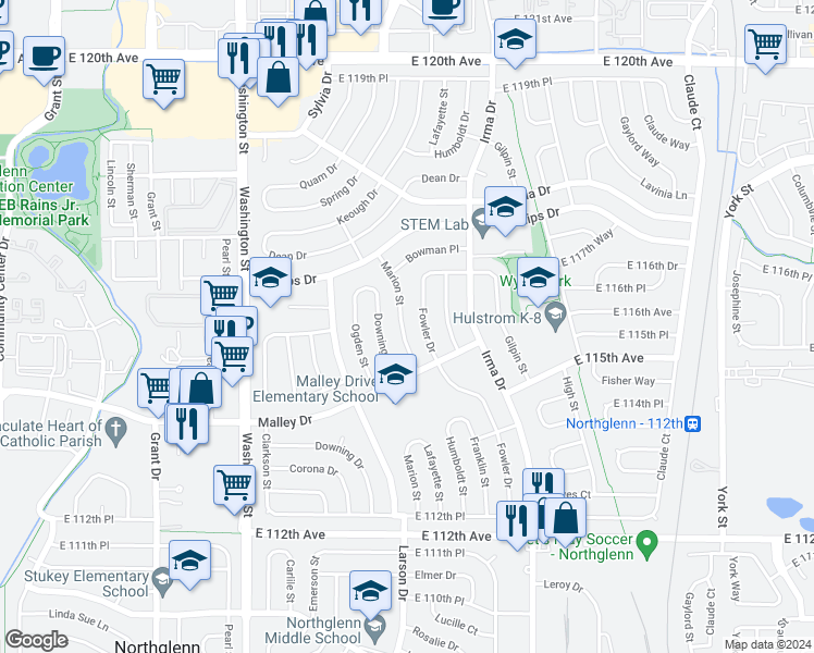 map of restaurants, bars, coffee shops, grocery stores, and more near 11524 Marion Street in Northglenn