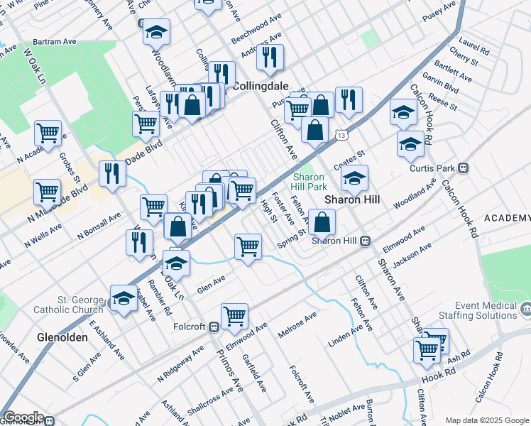 map of restaurants, bars, coffee shops, grocery stores, and more near 126 High Street in Sharon Hill