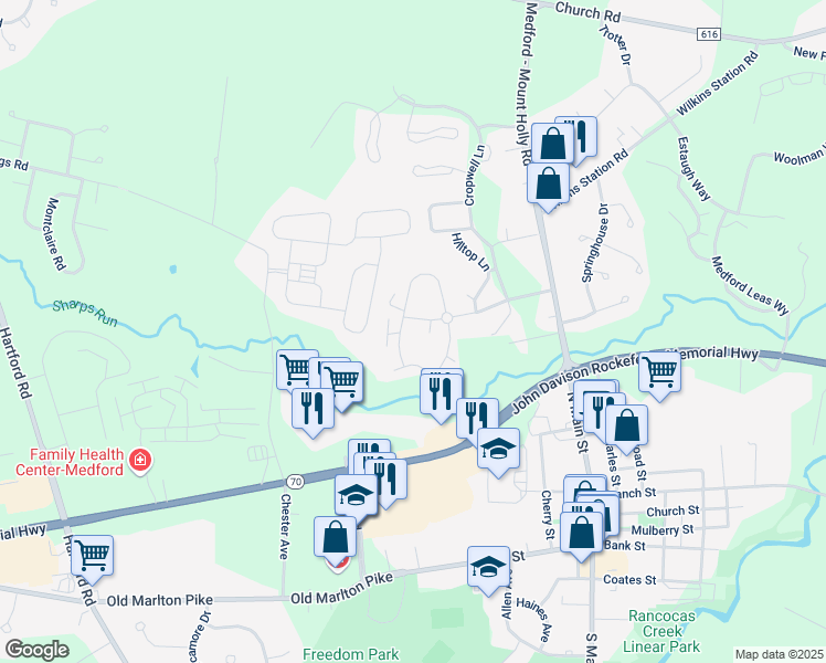 map of restaurants, bars, coffee shops, grocery stores, and more near 79 Eaves Mill Road in Medford