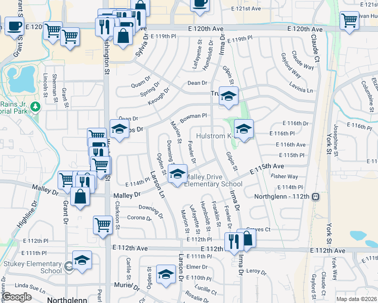 map of restaurants, bars, coffee shops, grocery stores, and more near 11524 Marion Street in Northglenn