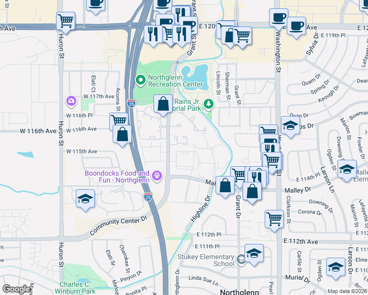 map of restaurants, bars, coffee shops, grocery stores, and more near 11512 Community Center Drive in Northglenn