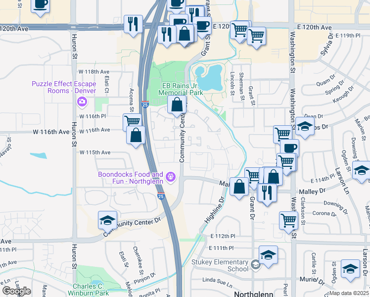 map of restaurants, bars, coffee shops, grocery stores, and more near 11512 Community Center Drive in Northglenn