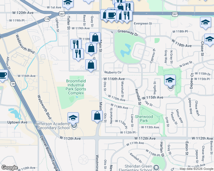 map of restaurants, bars, coffee shops, grocery stores, and more near 11563 Newland Street in Broomfield