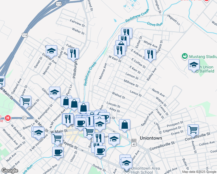 map of restaurants, bars, coffee shops, grocery stores, and more near 148 North Gallatin Avenue in Uniontown