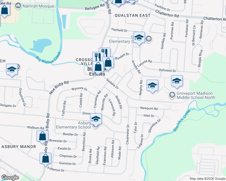 map of restaurants, bars, coffee shops, grocery stores, and more near 3486 Rodell Road in Columbus