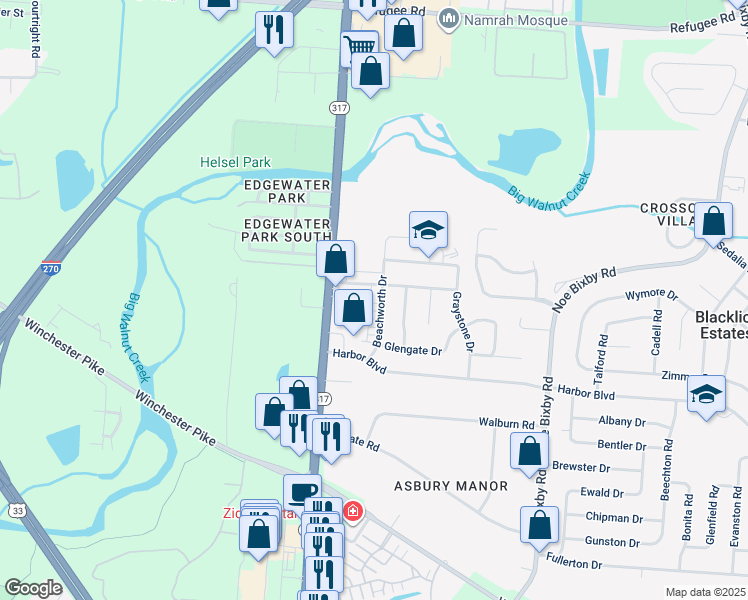 map of restaurants, bars, coffee shops, grocery stores, and more near 3399 Beachworth Drive in Columbus