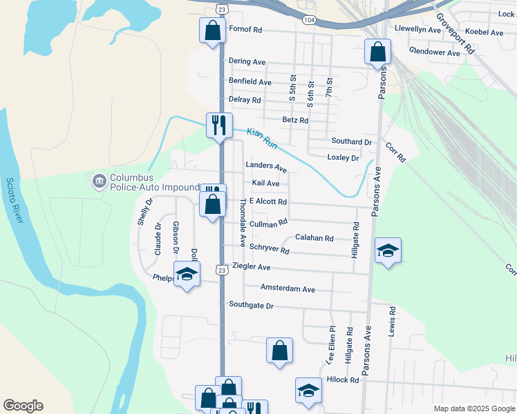 map of restaurants, bars, coffee shops, grocery stores, and more near 2724 Thorndale Avenue in Columbus