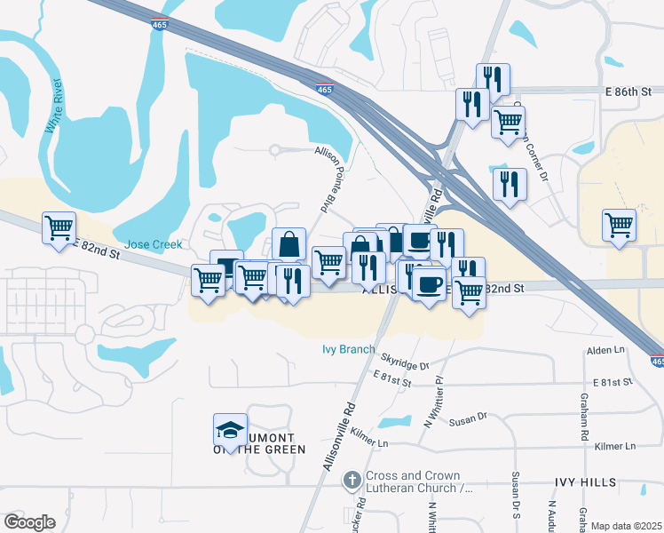 map of restaurants, bars, coffee shops, grocery stores, and more near 5226 East 82nd Street in Indianapolis