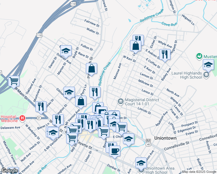 map of restaurants, bars, coffee shops, grocery stores, and more near 18 Walnut Street in Uniontown