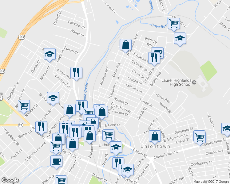 map of restaurants, bars, coffee shops, grocery stores, and more near 148 N Gallatin Ave in Uniontown