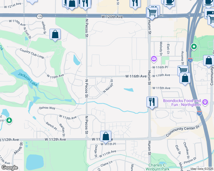 map of restaurants, bars, coffee shops, grocery stores, and more near 1420 North Navajo Street in Westminster