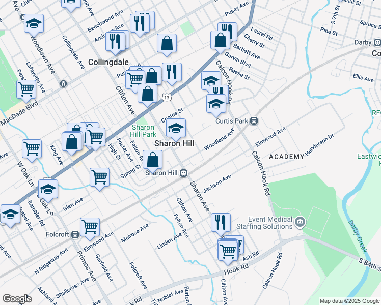 map of restaurants, bars, coffee shops, grocery stores, and more near 1018 Woodland Avenue in Sharon Hill