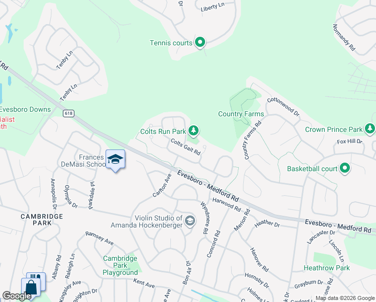 map of restaurants, bars, coffee shops, grocery stores, and more near 36 Colts Gait Road in Evesham