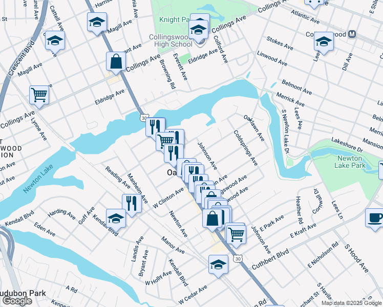 map of restaurants, bars, coffee shops, grocery stores, and more near 39 East Bettlewood Avenue in Oaklyn