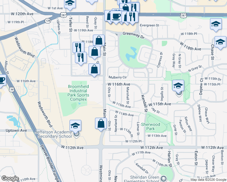 map of restaurants, bars, coffee shops, grocery stores, and more near 11563 Newland Street in Broomfield