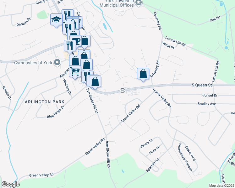 map of restaurants, bars, coffee shops, grocery stores, and more near 2764 South Queen Street in Dallastown