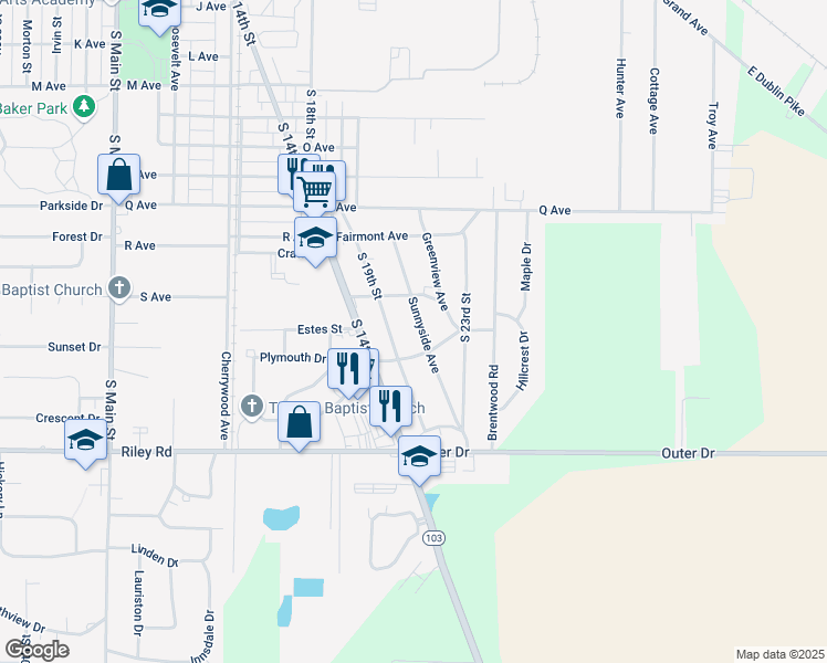 map of restaurants, bars, coffee shops, grocery stores, and more near 2801 Sunnyside Ave in New Castle