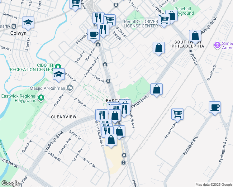 map of restaurants, bars, coffee shops, grocery stores, and more near 2851 Island Avenue in Philadelphia