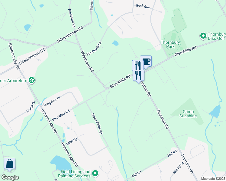 map of restaurants, bars, coffee shops, grocery stores, and more near 404 Glen Mills Road in Thornton