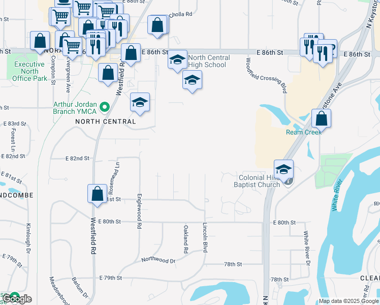 map of restaurants, bars, coffee shops, grocery stores, and more near 8171 Oakland Road in Indianapolis
