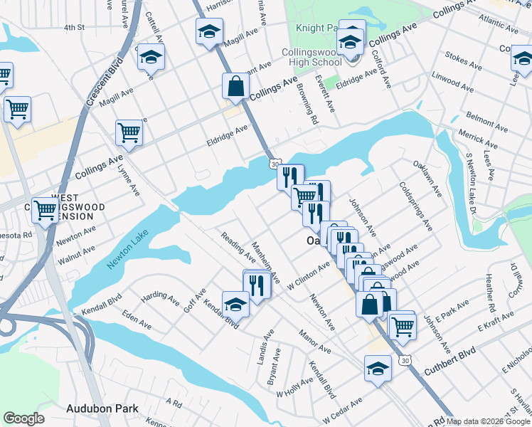 map of restaurants, bars, coffee shops, grocery stores, and more near 109 Newton Ave in Oaklyn