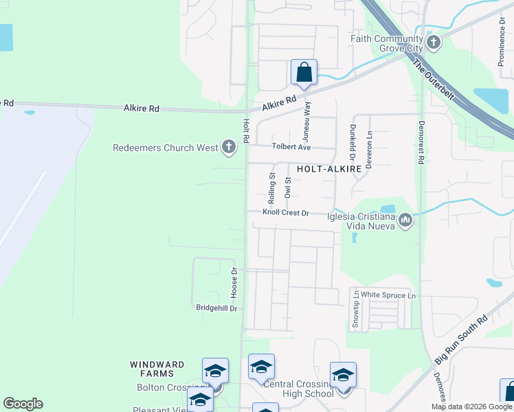 map of restaurants, bars, coffee shops, grocery stores, and more near 4446 Knoll Crest Drive in Grove City