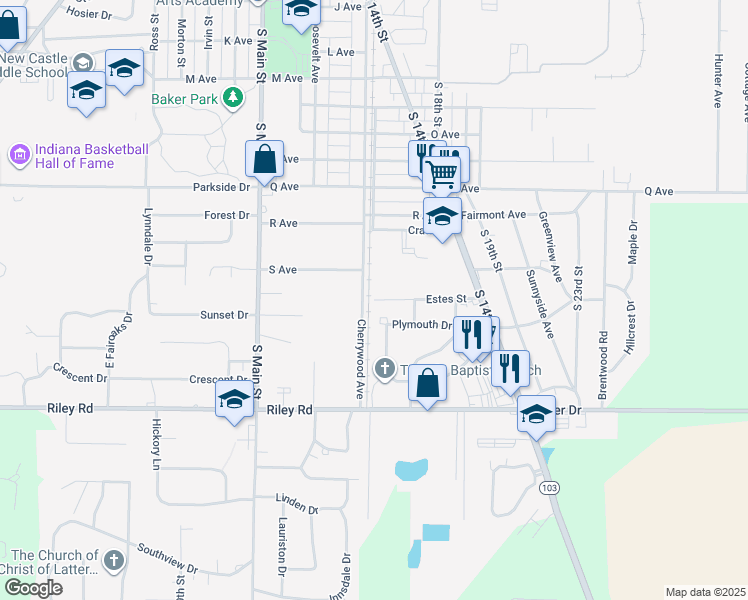 map of restaurants, bars, coffee shops, grocery stores, and more near 1600 Estes Street in New Castle