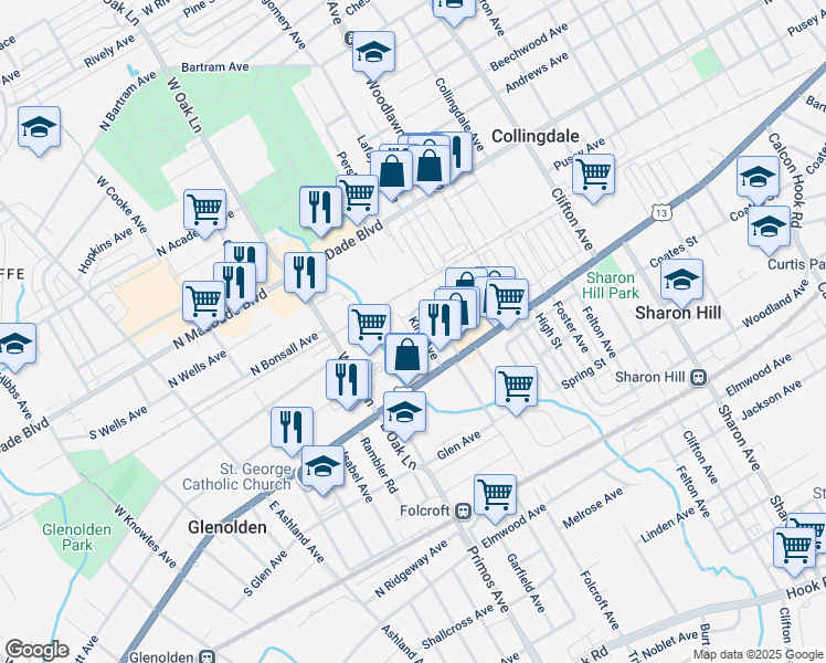 map of restaurants, bars, coffee shops, grocery stores, and more near 30 King Avenue in Folcroft