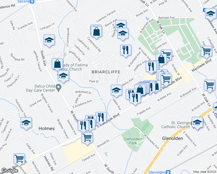 map of restaurants, bars, coffee shops, grocery stores, and more near 620 Crescent Drive in Glenolden