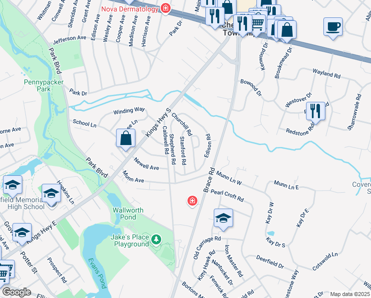 map of restaurants, bars, coffee shops, grocery stores, and more near 40 Stanford Road in Cherry Hill