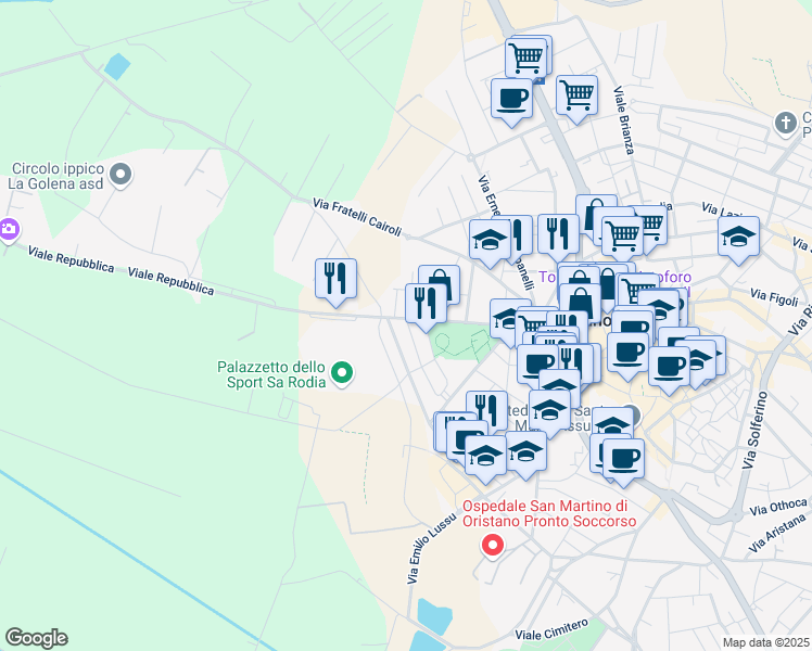 map of restaurants, bars, coffee shops, grocery stores, and more near 1 Via XXV Luglio 1943 in Oristano