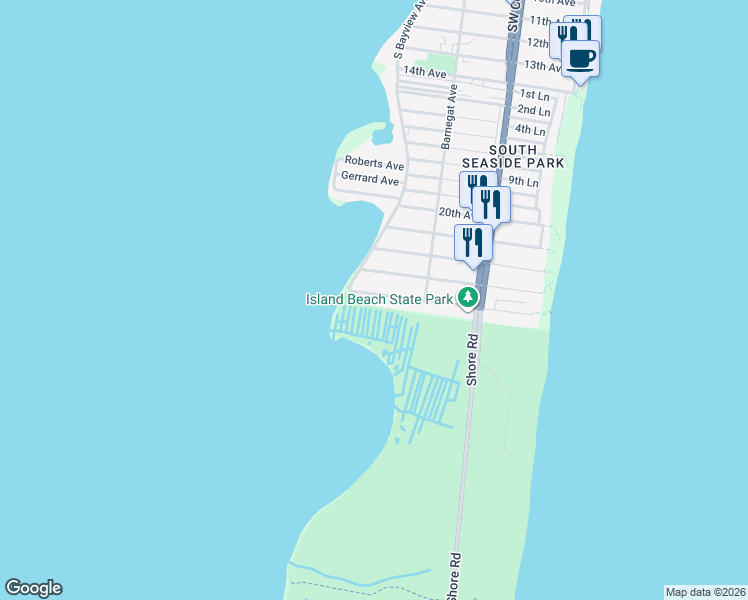 map of restaurants, bars, coffee shops, grocery stores, and more near 267 24th Avenue in Seaside Park