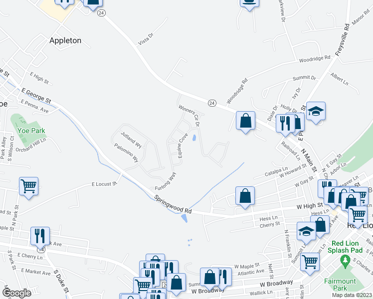map of restaurants, bars, coffee shops, grocery stores, and more near 319 Winners Circle Drive in Red Lion